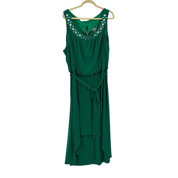 Catherines Size 3X Sleeveless Stretchy Hi Lo Hem Dress Green Silver Studs MIDI - Picture 1 of 12